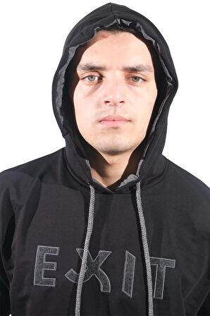 Erkek Exıt Kanguru Siyah Kapüşonlu Sweatshirt-907