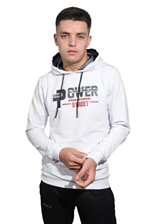 Erkek Power Beyaz Kapüşonlu Sweatshirt -2803