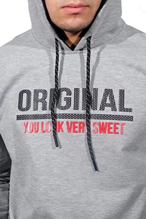 Erkek Orıgınal Gri Kapüşonlu Sweatshirt-206