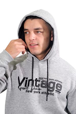 Erkek Vıntage Gri Kapüşonlu Sweatshirt-216
