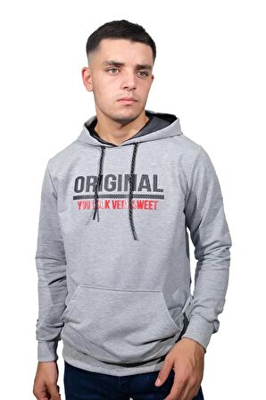 Erkek Orıgınal Gri Kapüşonlu Sweatshirt-206