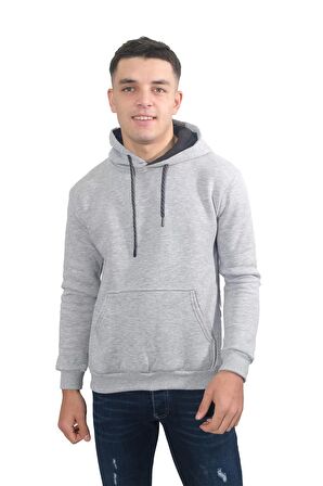 Erkek Basic Gri Kapüşonlu Sweatshirt-236