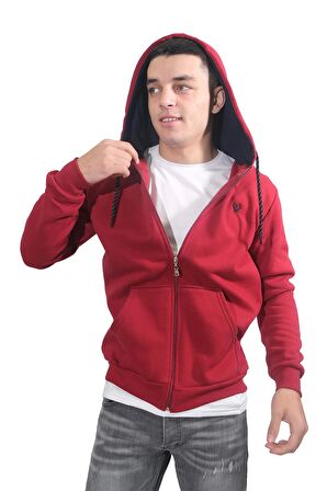 Erkek Armalı Fermuarlı Kapüşonlu Kırmızı Sweatshirt-316