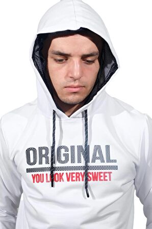 Erkek Orıgınal Beyaz Kapüşonlu Sweatshirt-209