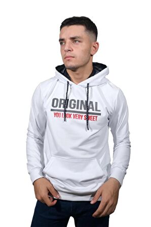 Erkek Orıgınal Beyaz Kapüşonlu Sweatshirt-209