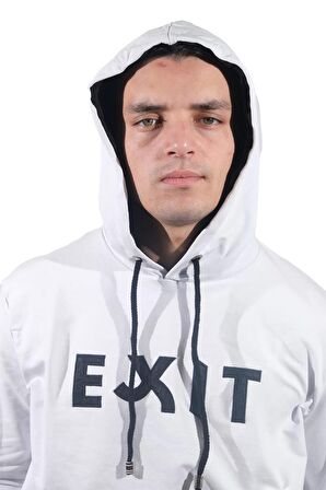 Erkek Exıt Kanguru Beyaz Kapüşonlu Sweatshirt-905