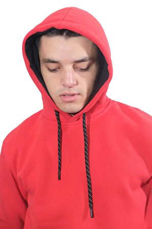 Erkek Basic Kırmızı Kapüşonlu Sweatshirt-235