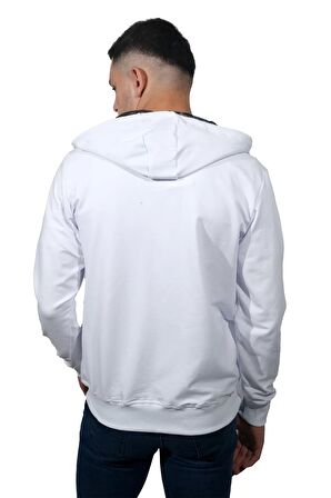 Erkek Basic Fermuarlı Beyaz Kapüşonlu Sweatshirt-131