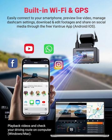 Vantrue Element2 Pro 4K UHD + 2.7K QHD 5Ghz Wi-Fi Araç İçi Kamera
