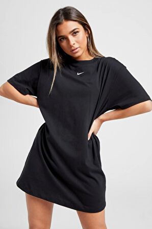 Nike Sportswear Organic Cotton Short Sleve Dress Nakış Swooslu Elbise Siyah