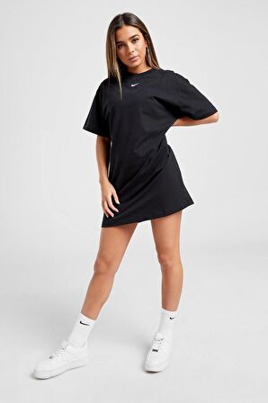 Nike Sportswear Organic Cotton Short Sleve Dress Nakış Swooslu Elbise Siyah