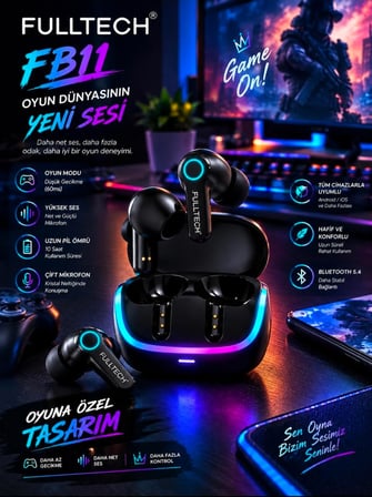 FB11 ENC 4 Mikrofonlu Oyuncu Kulaklığı – Bluetooth 5.4, Düşük Gecikmeli Gaming TWS Kablosuz Kulaklık (RGB Işıklı)