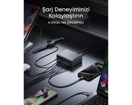 Anker Prime 200W Usb C Sarj Cihazi, 6 Baglanti Noktali Gan Sarj İ̇Stasyonu, Gumus A2683