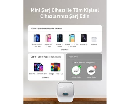 Anker 511 Nano Pro 30W USB-C Şarj Cihazı - Beyaz - A2147 (Anker Türkiye Garantili)
