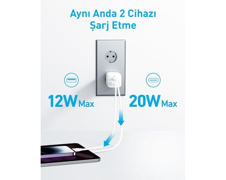  Anker 323 USB-C Şarj Cihazı, 33W, 2 Bağlantı Noktalı, Beyaz - A2331