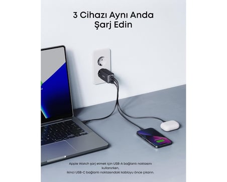  Anker PowerPort III Hızlı Şarj Cihazı, 65W, GaN II Teknolojisi, 3 Bağlantı Noktalı, Siyah - A2667