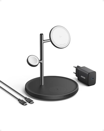 Anker,MagGo 3'ü 1 Arada Şarj İstasyonu, Qi2 Sertifikalı 15W MagSafe Uyumlu Kablosuz Şarj Standı, Apple Watch, iPhone 15/14 için, AirPods, Apple Watch 9 (25W USB-C Şarj Cihazı Dahil), Siyah Outlet