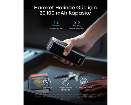  Anker Prime 20.100 mAh Power Bank, Taşınabilir Şarj Cihazı, 220W, LED Ekran, Siyah - A110B