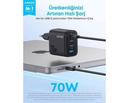 Anker Zolo Usb-C Şarj Cihazı, 70W, 4 Bağlantı Noktalı, Siyah - A121C