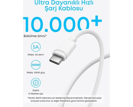Anker 45W USB-C Şarj Cihazı, 1.5m 5A USB-C Kablo Beyaz - B2653