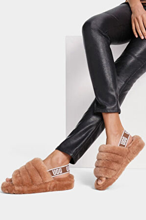 UGG W Fluff Yeah Slide Leather Womens Slide Hakiki Koyun Derisi Kadın Terlik Taba