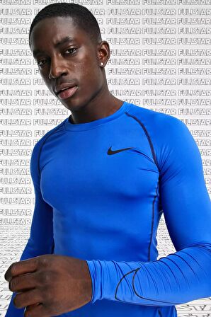 Nike Pro Dri Fit Men's Tight Fit Top Slim Fit Uzun Kollu Sweatshirt Body Sax Mavi