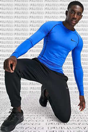 Nike Pro Dri Fit Men's Tight Fit Top Slim Fit Uzun Kollu Sweatshirt Body Sax Mavi
