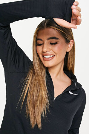Nike Terma Fit Element 1/2 Zip Running Yarım Fermuarlı Yan Cepli Kadın Koşu Sweatshirt Siyah