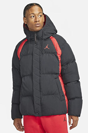 Nike Jordan Essentials Puffer Full Zip Hoodie Jacket Erkek Kapüşonlu Şişme Mont Siyah Kırmızı