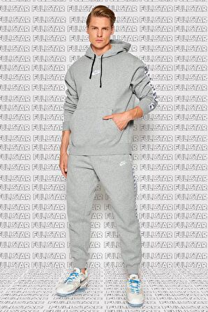 Nike Club Fleece Zeus Tape Graphics Track Suit Kapüşonlu Şardonlu Eşofman Takımı Gri