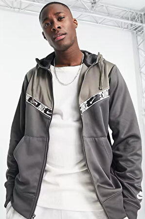 Nike Sportswear Repeat Graphic Full Zip Hoodie Kapüşonlu Erkek Sweatshirt Bej Gri