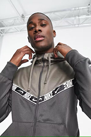 Nike Sportswear Repeat Graphic Full Zip Hoodie Kapüşonlu Erkek Sweatshirt Bej Gri