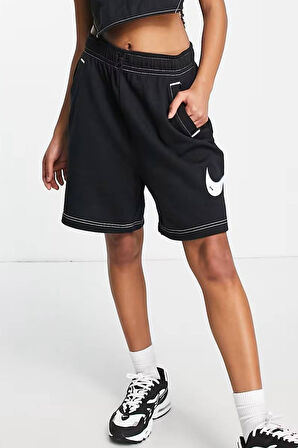 Nike Swoosh Contrast Stitch Fleece High Rise Loose Fit Shorts Kadın Yüksek Bel Bol Kesim Şort Siyah