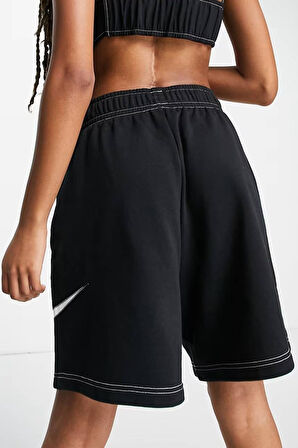 Nike Swoosh Contrast Stitch Fleece High Rise Loose Fit Shorts Kadın Yüksek Bel Bol Kesim Şort Siyah