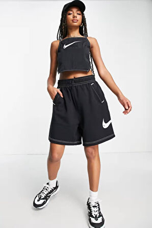 Nike Swoosh Contrast Stitch Fleece High Rise Loose Fit Shorts Kadın Yüksek Bel Bol Kesim Şort Siyah