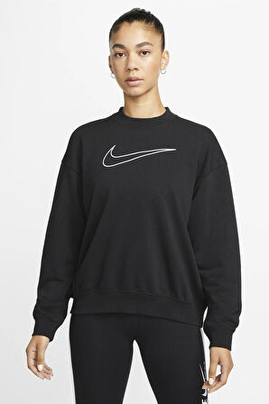 Nike Training Plus Essential Get Fit Dri Fit Graphic Crew Black Oversized Bol Kesim Kadın Sweatshirt Siyah