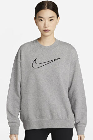 Nike Training Plus Essential Get Fit Dri Fit Graphic Crew Grey Oversized Bol Kesim Kadın Sweatshirt Gri