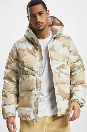 Nike Sportswear Therma Fit Kamuflaj Erkek Kapüşonlu Mont Krem