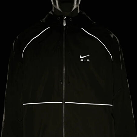 Nike Air Full-Zip Hooded Woven Loose Fit Jacket Erkek Kapüşonlu Reflektörlü Bol Keism Spor Ceket Siyah