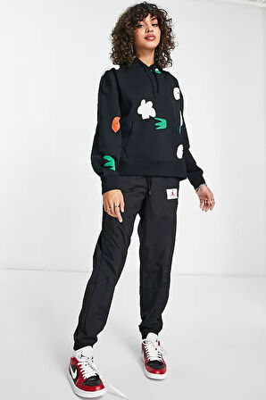 Nike Women's Jordan Artist Series Loose Fit Flight Fleece Hoodie Kadın Büyük Beden Kapüşonlu Sweatshirt Siyah Renkli