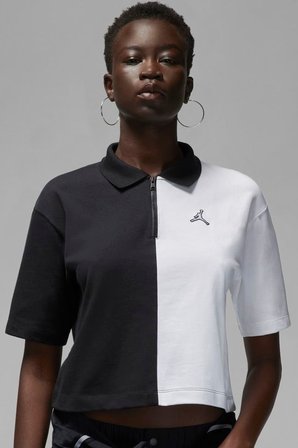 Nike Jordan Flight Loose Fit 1/4 Zip T-shirt Kadın 1/4 Fermuar Gömlek Yakalı Bol Kalıp Kısa Tişört Siyah Beyaz