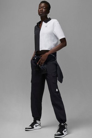 Nike Jordan Flight Loose Fit 1/4 Zip T-shirt Kadın 1/4 Fermuar Gömlek Yakalı Bol Kalıp Kısa Tişört Siyah Beyaz