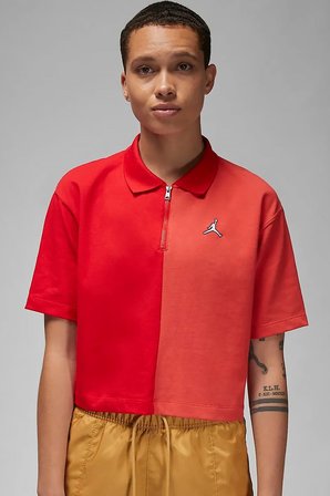 Nike Jordan Flight Loose Fit 1/4 Zip T-shirt Kadın 1/4 Fermuar Gömlek Yakalı Bol Kalıp Kısa Tişört Kırmızı
