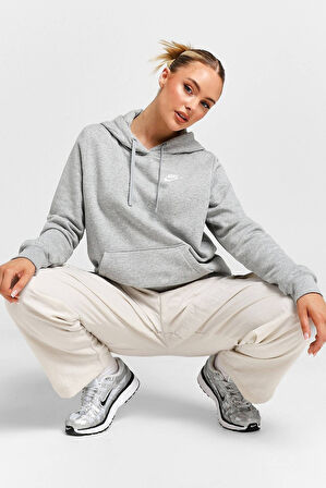 Nike Sportswear Essential Collection Fleece Hoodie Kadın Bol Kesim Kapüşonlu Sweatshirt Gri Melanj