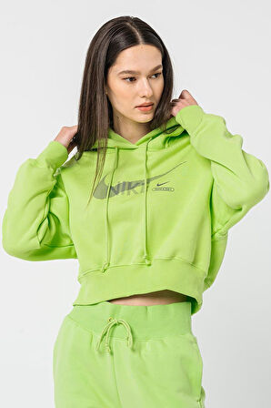 Nike Sportswear Swoosh Fleece Crop Oversize Fİt Hoodie Kadın Kapüşonlu Kısa Oversize Sweatshirt Yeşil