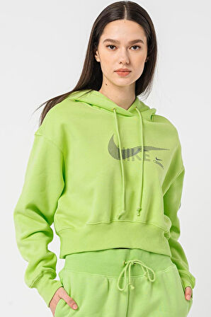 Nike Sportswear Swoosh Fleece Crop Oversize Fİt Hoodie Kadın Kapüşonlu Kısa Oversize Sweatshirt Yeşil