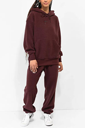 Nike Sportswear Plush Burgundy Crush Sherpa Oversize Sweatpants Kadın Geniş Kalıp Yüksek Bel Peluş Eşofman Altı Bordo