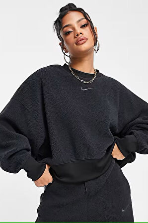 Nike Sportswear Plush Mod Crop Crew Sweatshirt Black Kadın Geniş Kalıp Peluş Sweatshirt Siyah