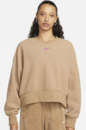 Nike Sportswear Plush Mod Crop Crew Sweatshirt Brown Kadın Geniş Kalıp Peluş Sweatshirt Sütlü Kahverengi