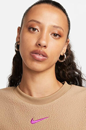 Nike Sportswear Plush Mod Crop Crew Sweatshirt Brown Kadın Geniş Kalıp Peluş Sweatshirt Sütlü Kahverengi